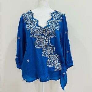 Figueroa and Flower Top Womens Large Blue Wrap Shirt Blouse Embroidered‎ L